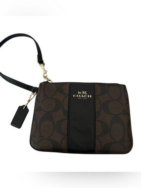 Coach Brown and Black Signature Wristlet with Gold toned Hardware